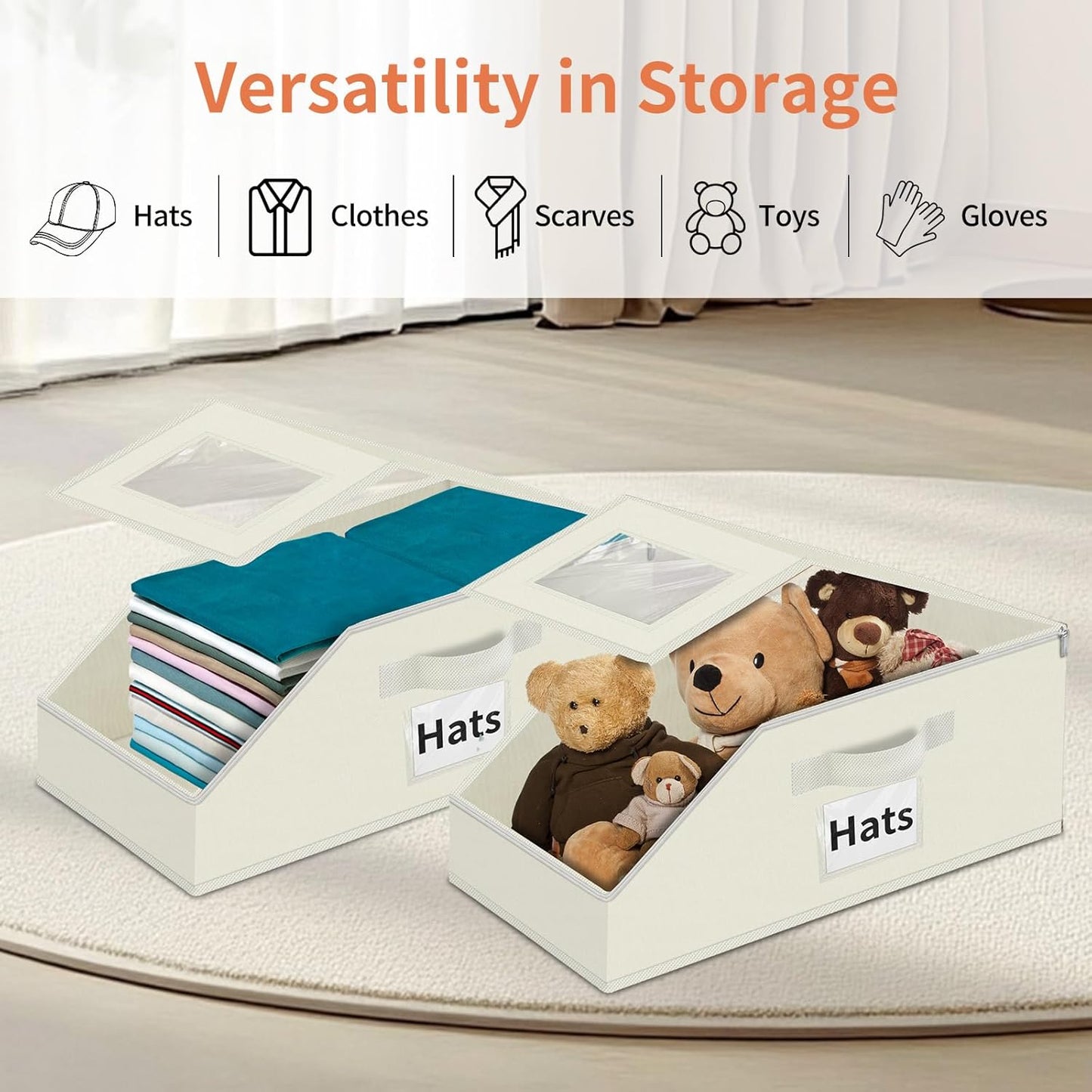 Hat Organizer for Baseball Caps - 2PCS Stackable Storage with Clear Window Lid, Flip-Top Access, Space-Saving Hat Box for Closet, Breathable Fabric (beige)
