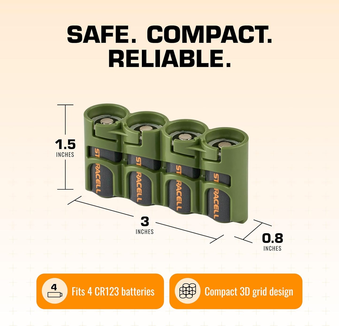 Storacell Slimline CR123 Battery Storage Caddy, Military Green, Holds 4 Batteries (Not Included)