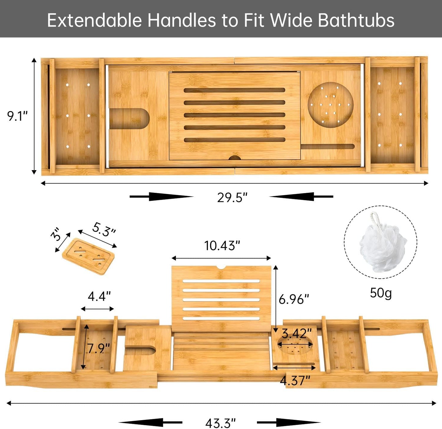 Bamboo Bathtub Tray for Luxury Bathroom, Expandable Premium Bath Tray w/Soap Towel Book Holder, Adjustable Bath Accessories for Tub,Extendable Tub Tray w/Wine Glass Cup Organizer 29.5"-43.3" Nature