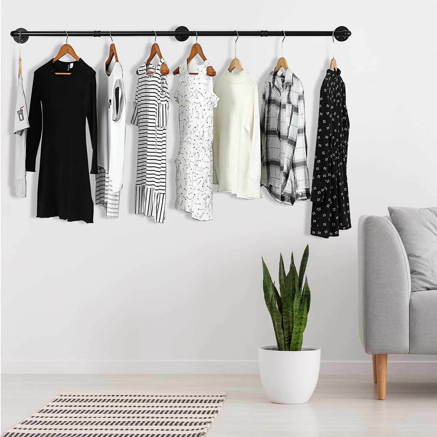 Industrial Pipe Clothes Rack, Heavy Duty 60inch Iron Garment Rack Wall Mounted, Metal Rustic Saving Space Clothes Bar Multi-Purpose Hanging Rod for Bedroom,Closet,Laundry Room and Plants hanging