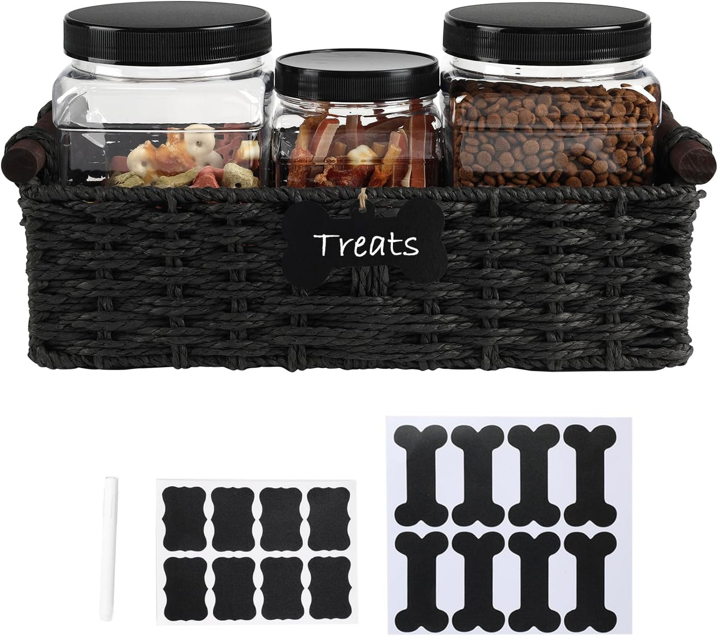 Geyecete Dog Treat Container for Countertop 3 Pack Clear Plastic Jars with Lids Pet Snack Organizer 32 Oz Square Containers with storage baskets