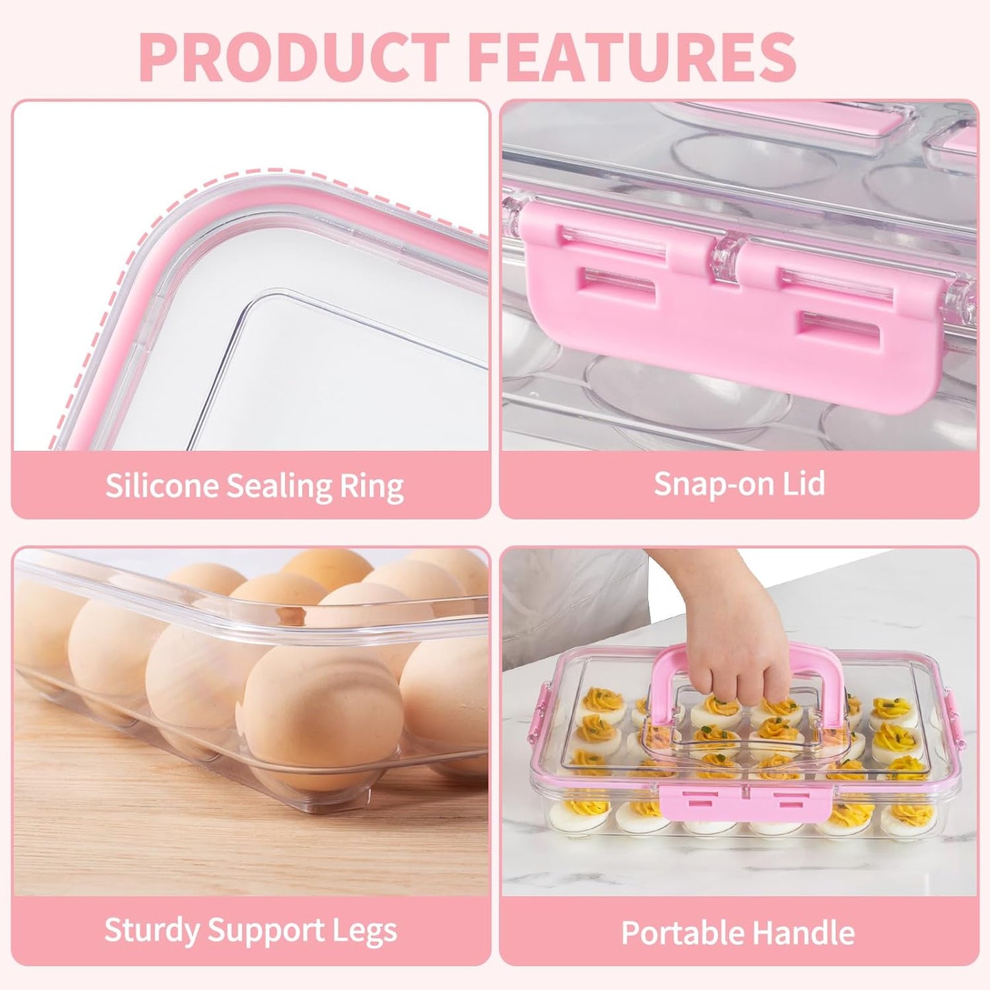 Deviled Egg Containers with Lid and Handle, Durable Clear Plastic Deviled Egg Carrier Storage 24 Eggs, Stackable Egg Holder for Fridge, Portable Tray Platter for Party & Picnics-1 Pack Pink
