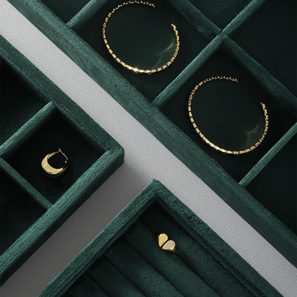 Velvet Stackable Jewelry Display Tray, 12 Grid Watch Bangle Bracelet Storage Tray, Makeup Drawer Insert Jewelry Shop Organizer Plate (Green)