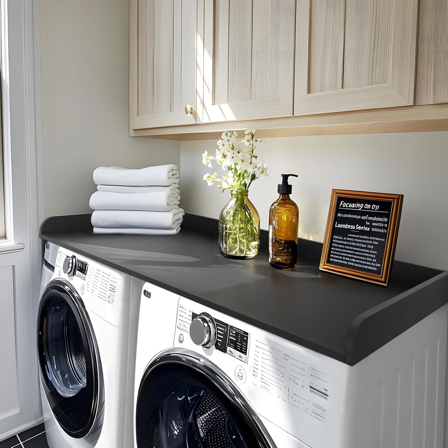 Kaboon Washer Dryer Countertop Only, Melamine Countertop with Edge Rails - 27.5" Depth x 54" Width Laundry Room Organization, Black