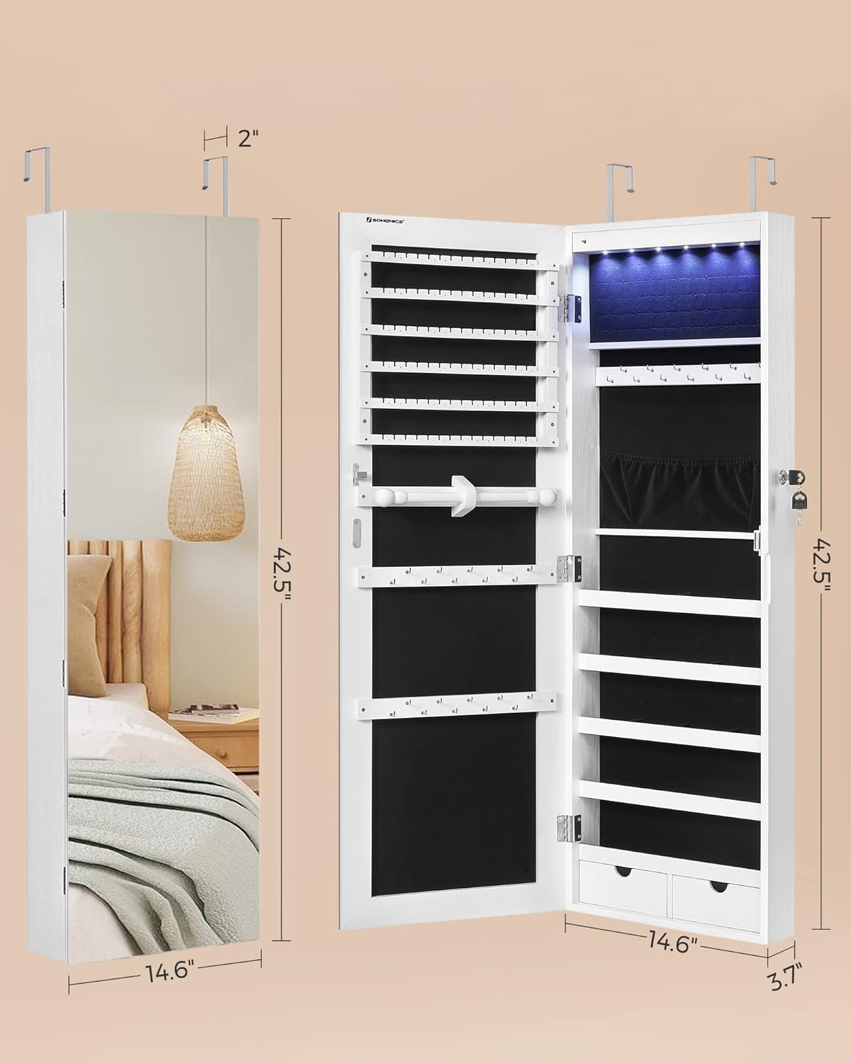 SONGMICS Hanging Jewelry Cabinet, Wall-Mounted Cabinet with LED Interior Lights, Door-Mounted Jewelry Organizer, Full-Length Mirror, Christmas Gift Idea, White UJJC99WT