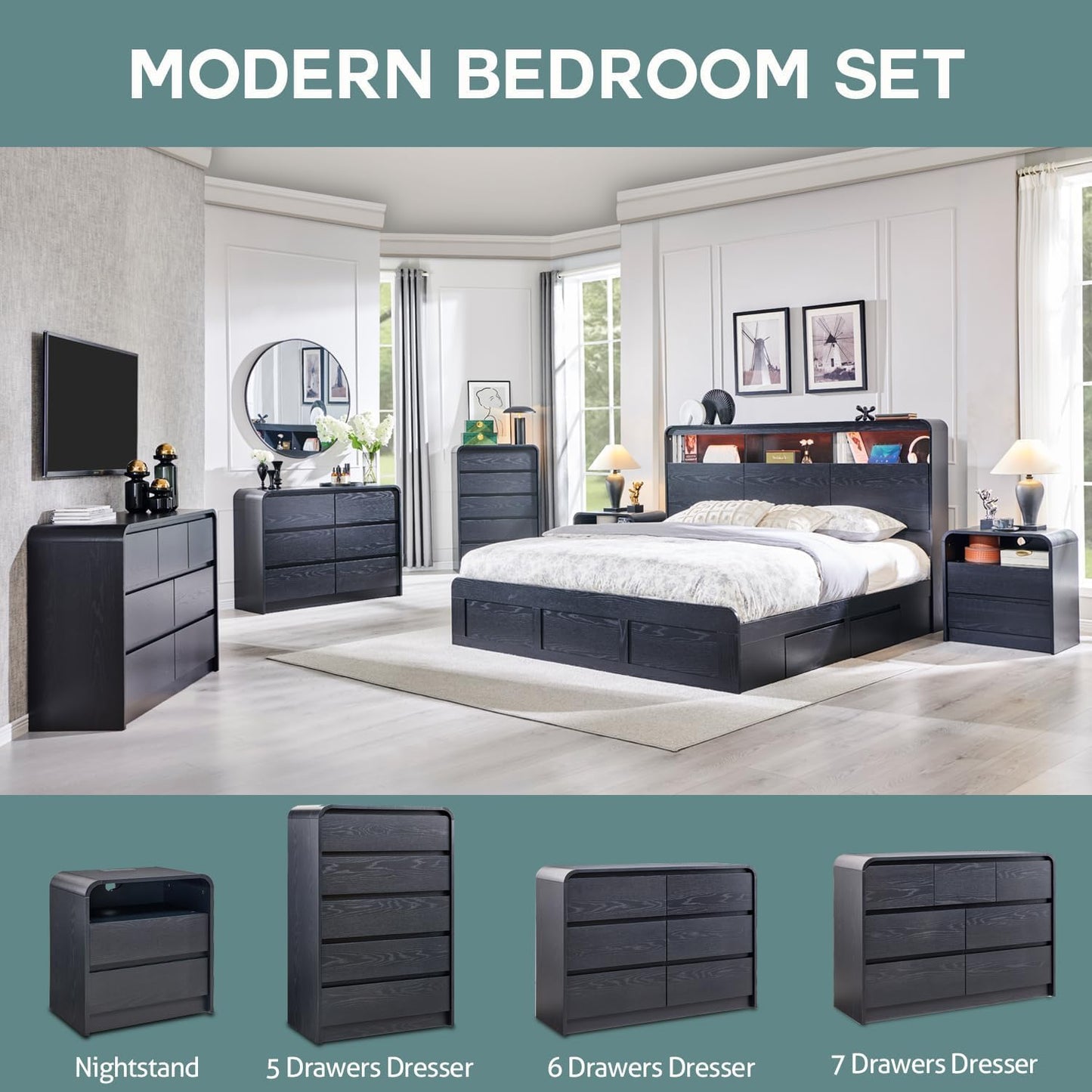 25" Tall Modern Nightstand with Charging Station, 23.6'' Wide Wood Bedside Table w/2 Storage Drawers, Large Mid Century End Table for Bedroom, Living Room, Curved Profile Design, Black