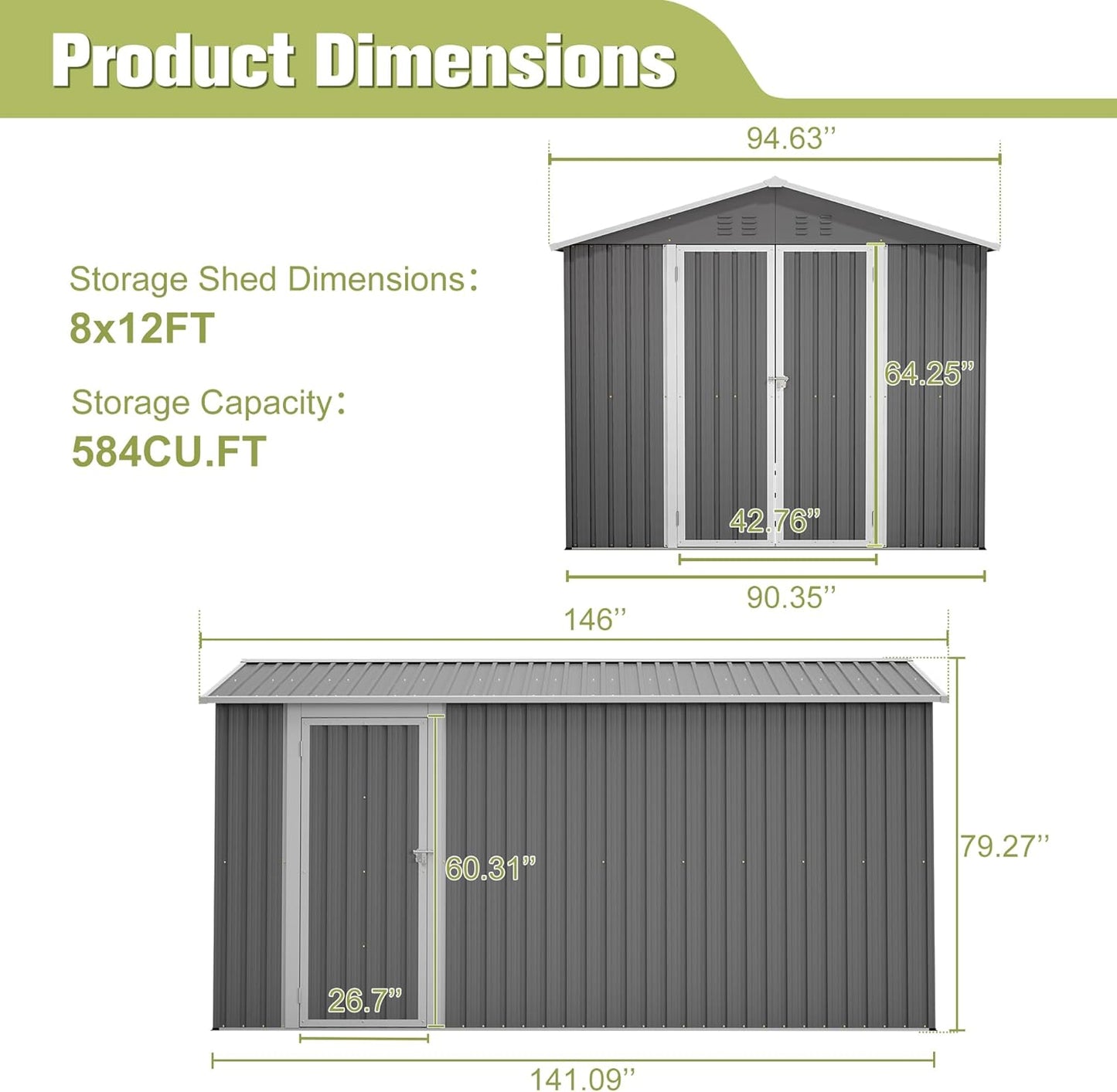 8 x 12 FT Outdoor Storage Shed with Floor, Metal Garden Shed with 2 Windows and Lockable Door for Garden, Tool Sheds for Backyard