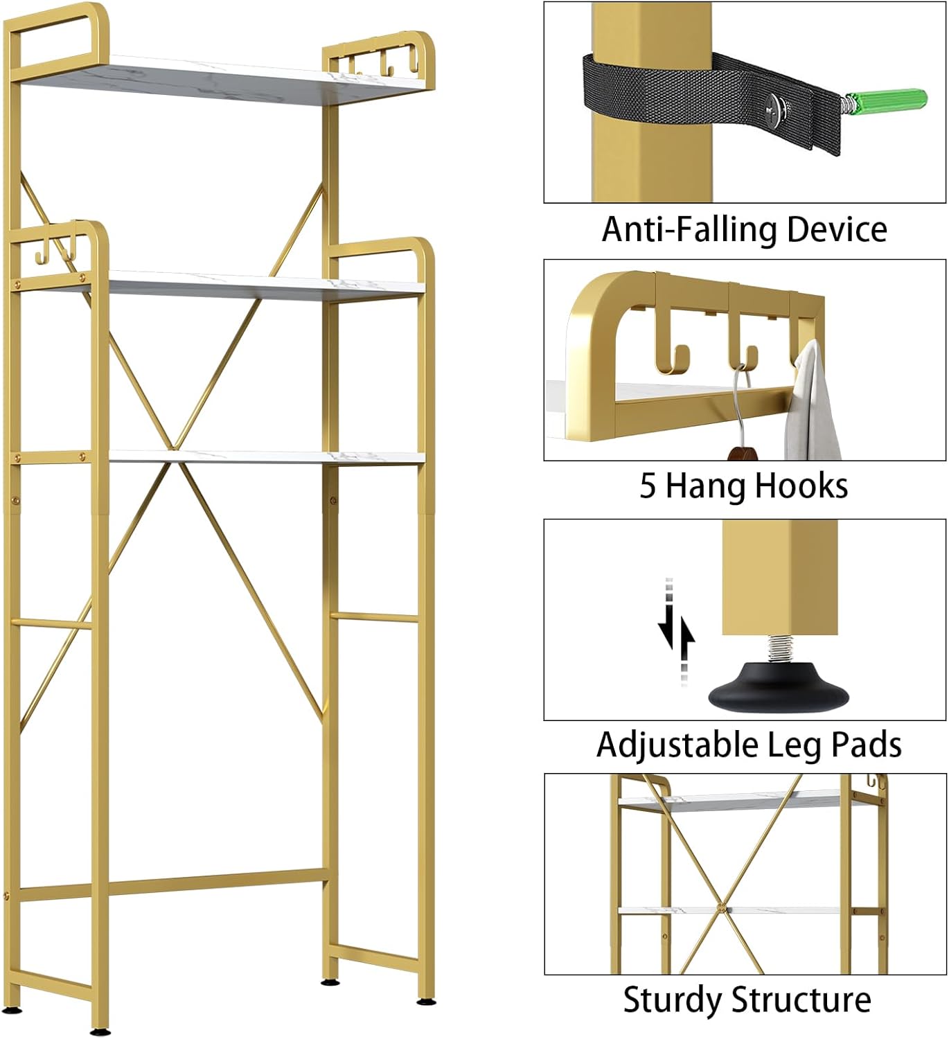 Over The Toilet Storage Rack with 3-Tier Shelves, Space Saver Toilet Shelf, Laundry Organizer with Hooks for Over Toilet Storage and Space Saver (White & Gold)