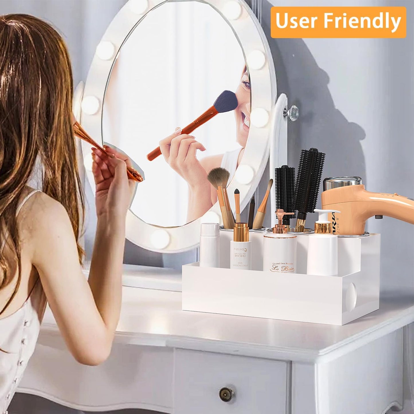White Hair Tool Organizer Acrylic Hair Dryer and Styling Holder, Bathroom Countertop Blow Dryer Holder, Vanity Caddy Storage Stand for Accessories, Makeup, Toiletries