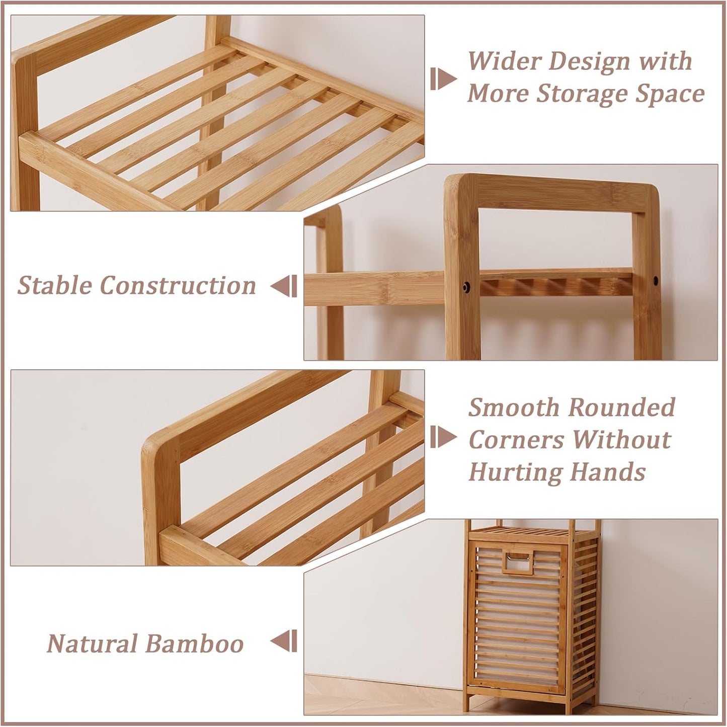 Bamboo Laundry Hamper with 3 Tier Shelves & Tilt Out Basket, Laundry Baskets Organizer Hampers Bathroom Storage Shelf for Laundry Room, Bathroom, Guest Room(3-Tier, Large)
