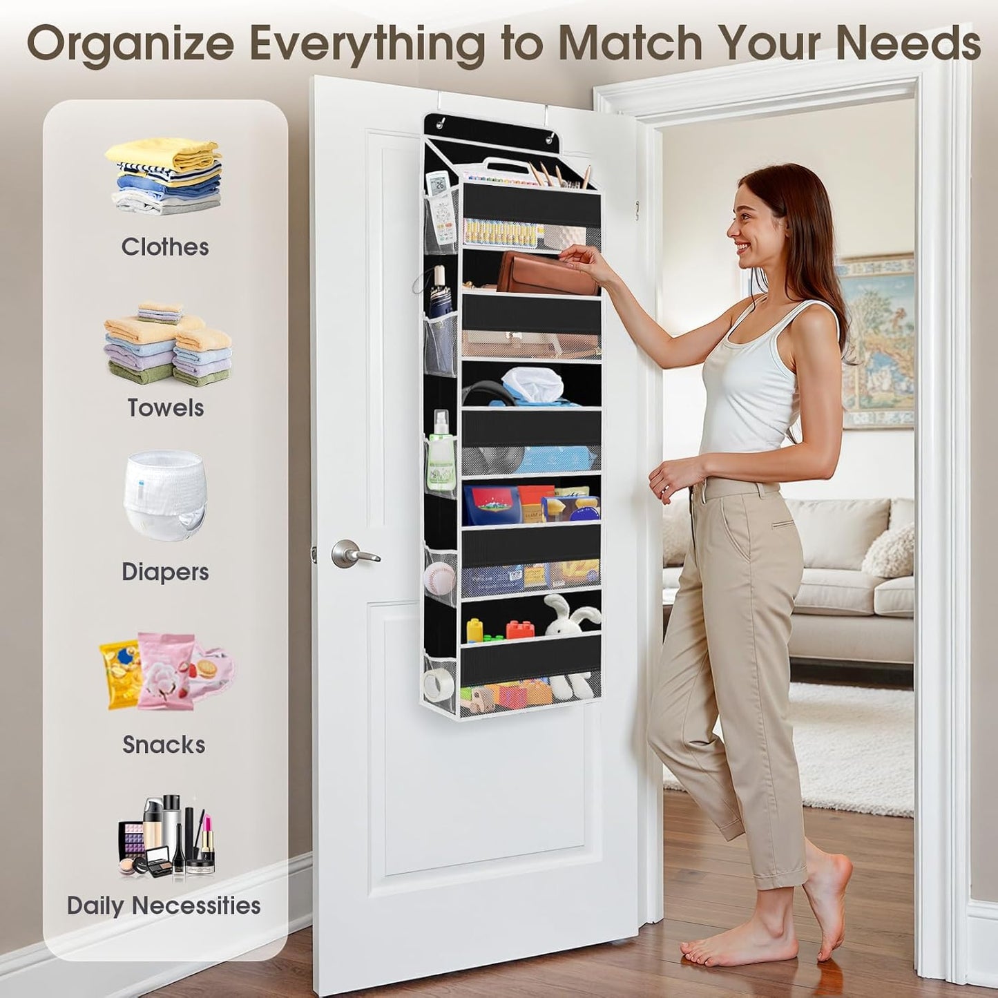 2 Pack Over The Door Organizer, Hanging Storage Organizer with Clear Window, 40lb Ultra Sturdy Large Capacity Room Organizer for Pantry Laundry Bathroom Nursery Closet (Black)