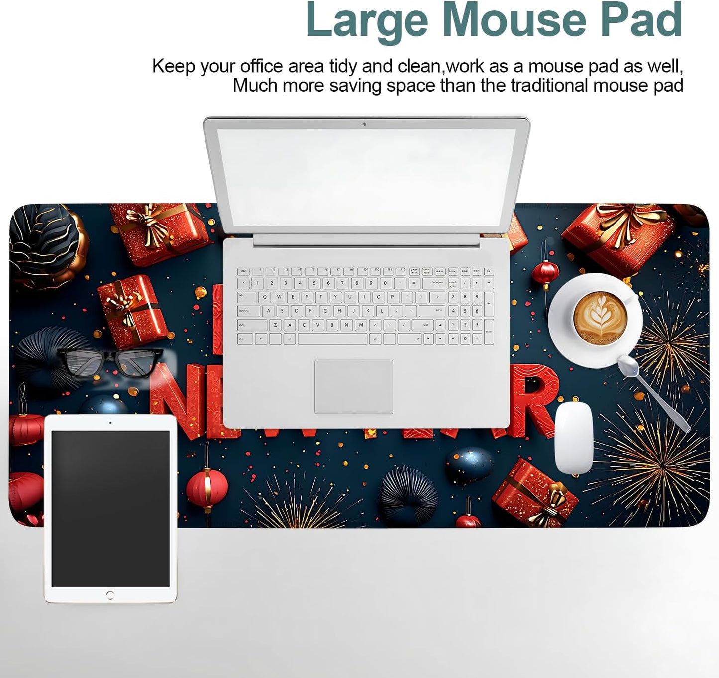 Happy New Year Gaming Mouse Pad 35.4"x15.7"Desk Mat Anti-Slip Rubber Base & Durable Stitched Edges for Gamers Smooth Mouse Writing Surface for Desk Office/Home