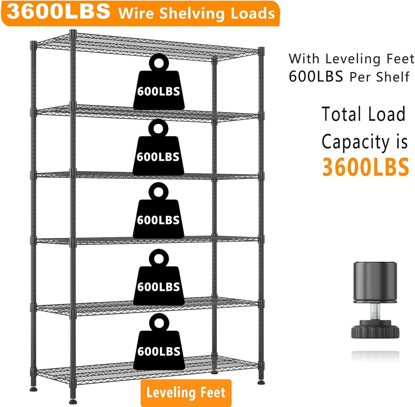Himimi 82" H Storage Shelves 6 Tier Metal Shelving Adjustable Wire Shelf with Wheels, Heavy Duty Shelving for Garage Kitchen Pantry Bathroom Laundry,18" D*48" W*82" H, Black