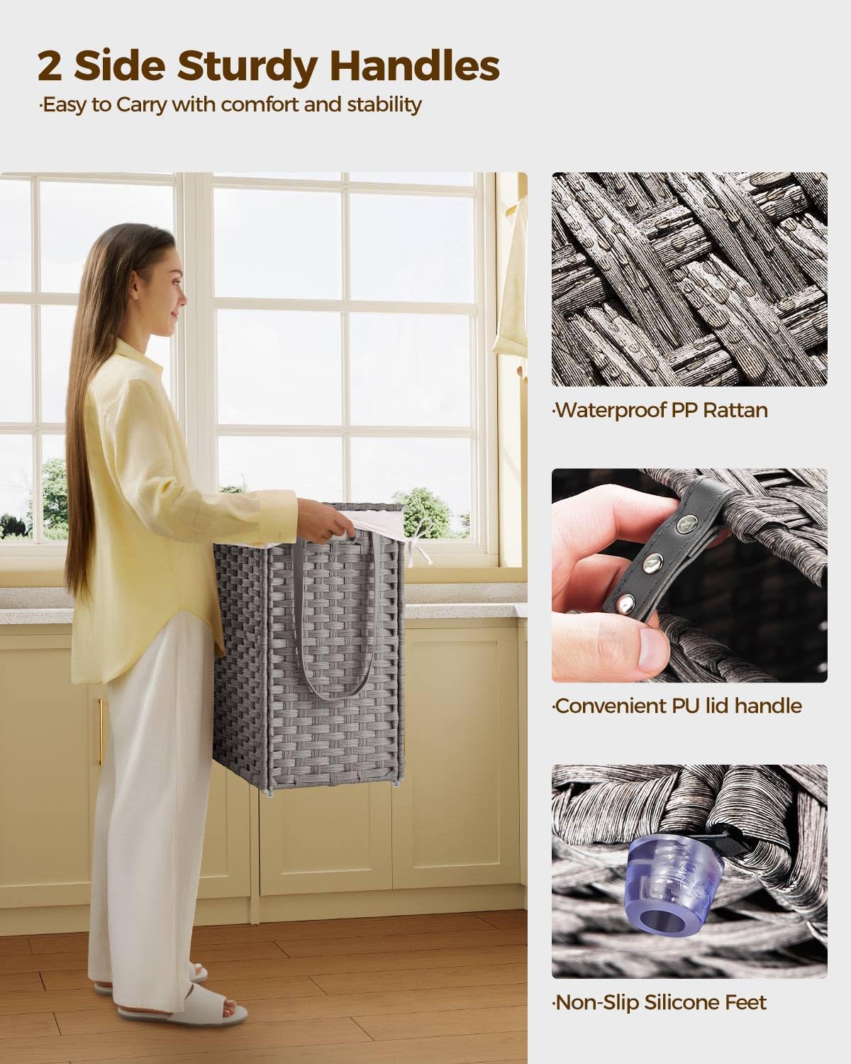 GREENSTELL Laundry Hamper with Wheels&Lid, 130L Large 3 Sections Clothes Hamper with 2 Types Removable Liner Bags, 5 Mesh Laundry Bags, Handwoven Divided Laundry Basket Gray
