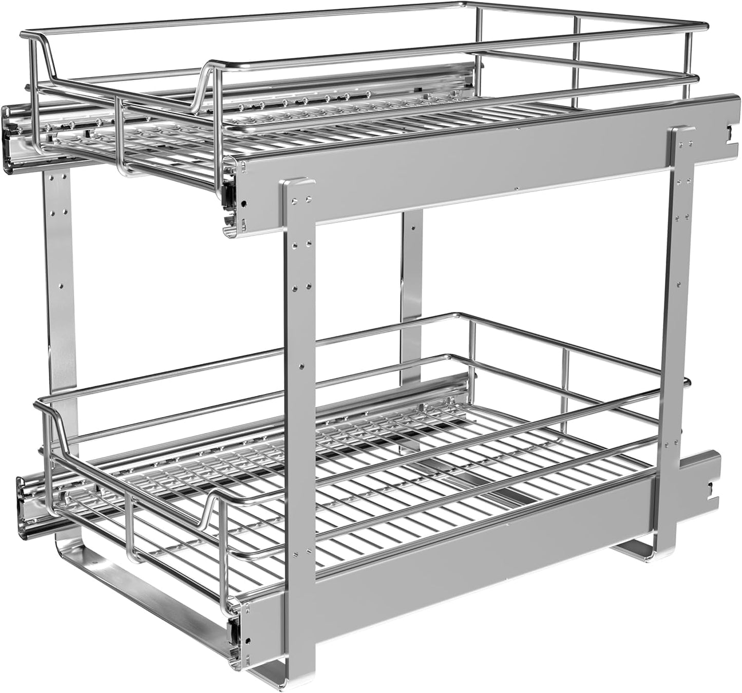 2-Tier Pull Out Cabinet Organizer (17" W x 22" D), Pull Out Shelves and Drawer for Kitchen Pantry Storage Basket, Heavy-Duty Metal Sliding Shelf, Chrome Finish