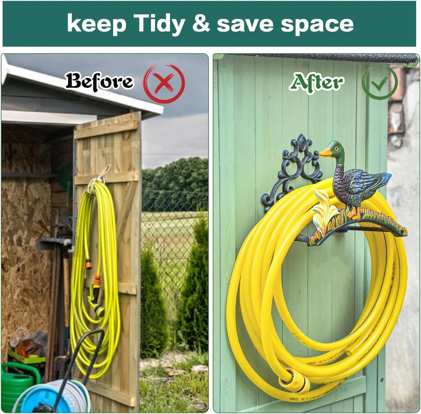 Sungmor Heavy Duty Cast Iron Garden Hose Holder | Water Hose Hanger Wall Mounted | Decorative Indoor Outdoor Hose Rack Reel | 50FT 75FT 100FT Water Hose Bulter Storage | Lovely Duck Metal Hose Stand