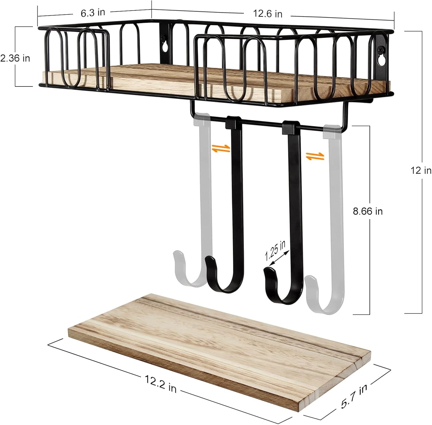 TJ.MOREE Ironing Board Hanger Metal Wall Mount Iron and Ironing Board Holder, Laundry Room Decor and Storage with Large Storage Black Wooden Base Basket and Removable Hooks