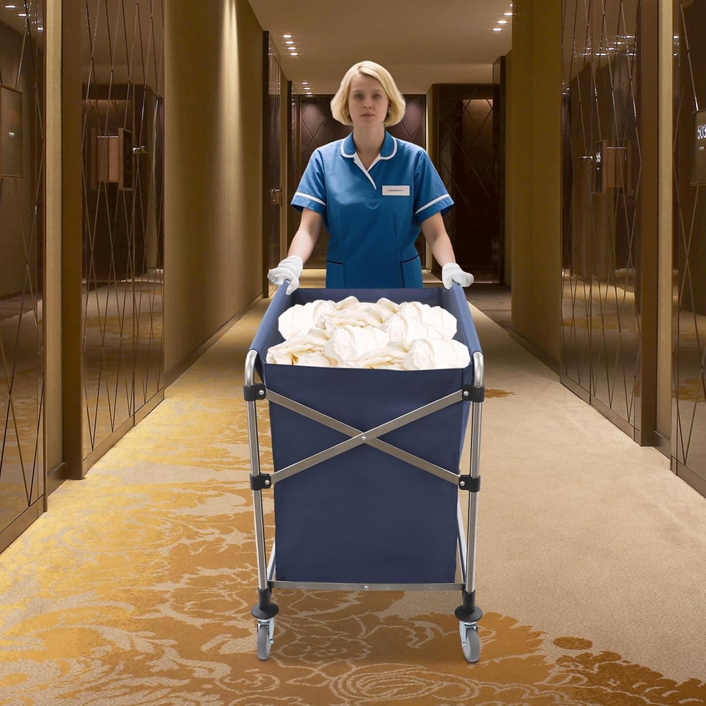 Commercial Laundry Cart with Wheels,Folding Laundry Hamper Cart,Heavy Duty Rolling Laundry Basket with Large Capacity,Laundry Sorter Trolley for Home Hotel Apartment (Blue, 35.43 * 23.62 * 34.65in)