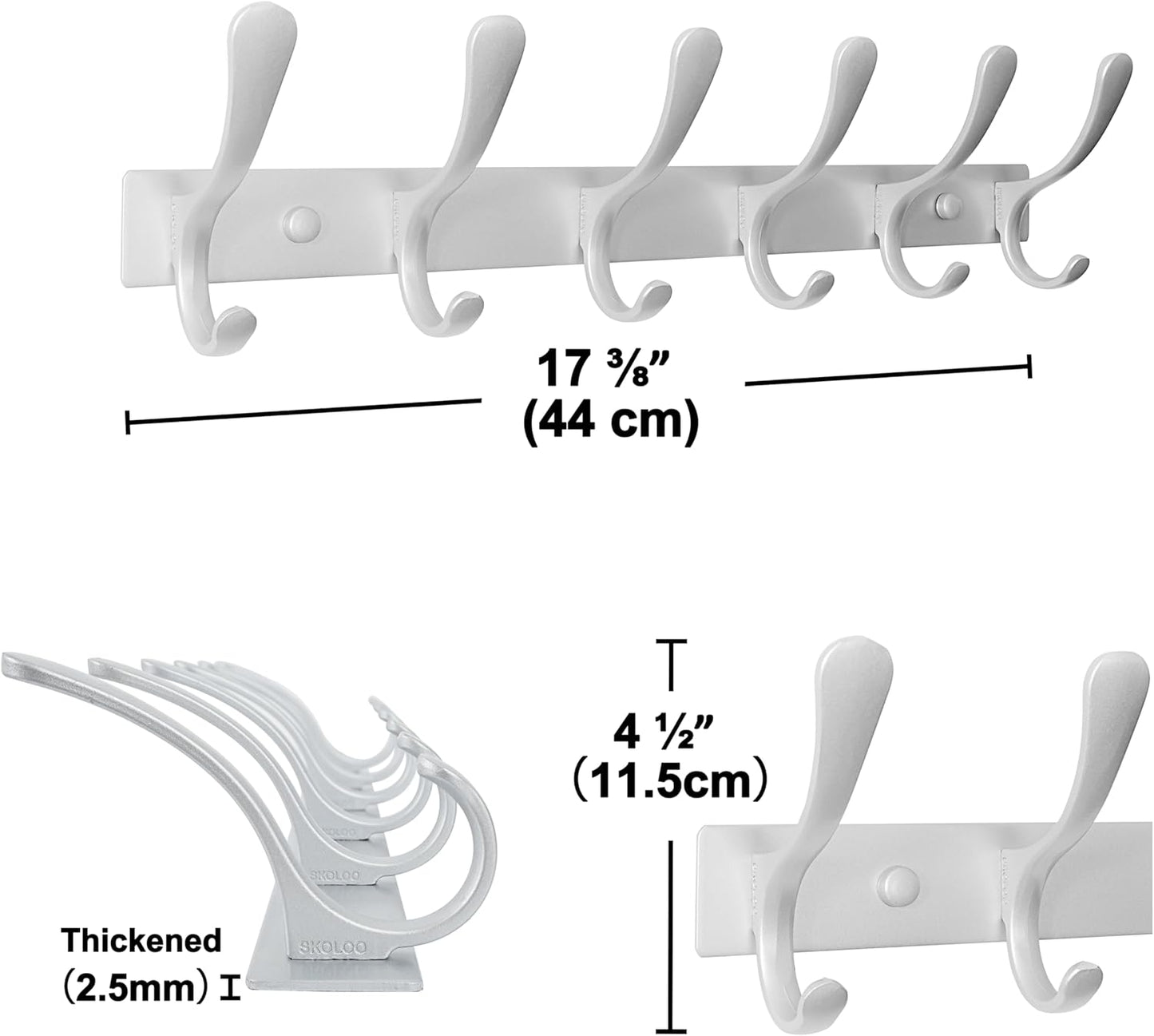 SKOLOO Coat Rack Wall Mounted - 6 Hooks, Pack of 2, Heavy Duty, Stainless Steel, Metal Wall Hanger, Sturdy Coat Hooks for Hanging Coats, Jacket, Clothes, Hat, Cold Light Silver