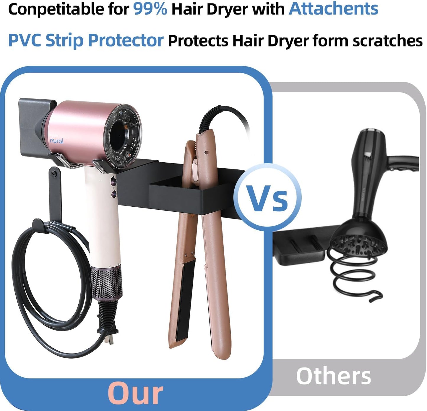 Hair Dryer Holder Wall Mounted, Hair Tool Organizer Wall Mount for Bathroom, Stainless Steel Hair Dryer Holder, Blow Dryer Holder Adhesive/Drilling Hair Dryer and Straightener Holder Black UEMUSI