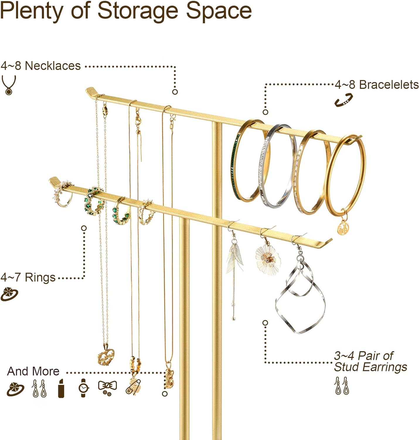 pickpiff Necklace Holder Jewelry Organizer Stand – 2‑Tier T‑Bar Jewelry Display Tree with Tray for Countertop Necklace Bracelet Earring Storage, Vanity Dresser Bathroom Sink, Gold