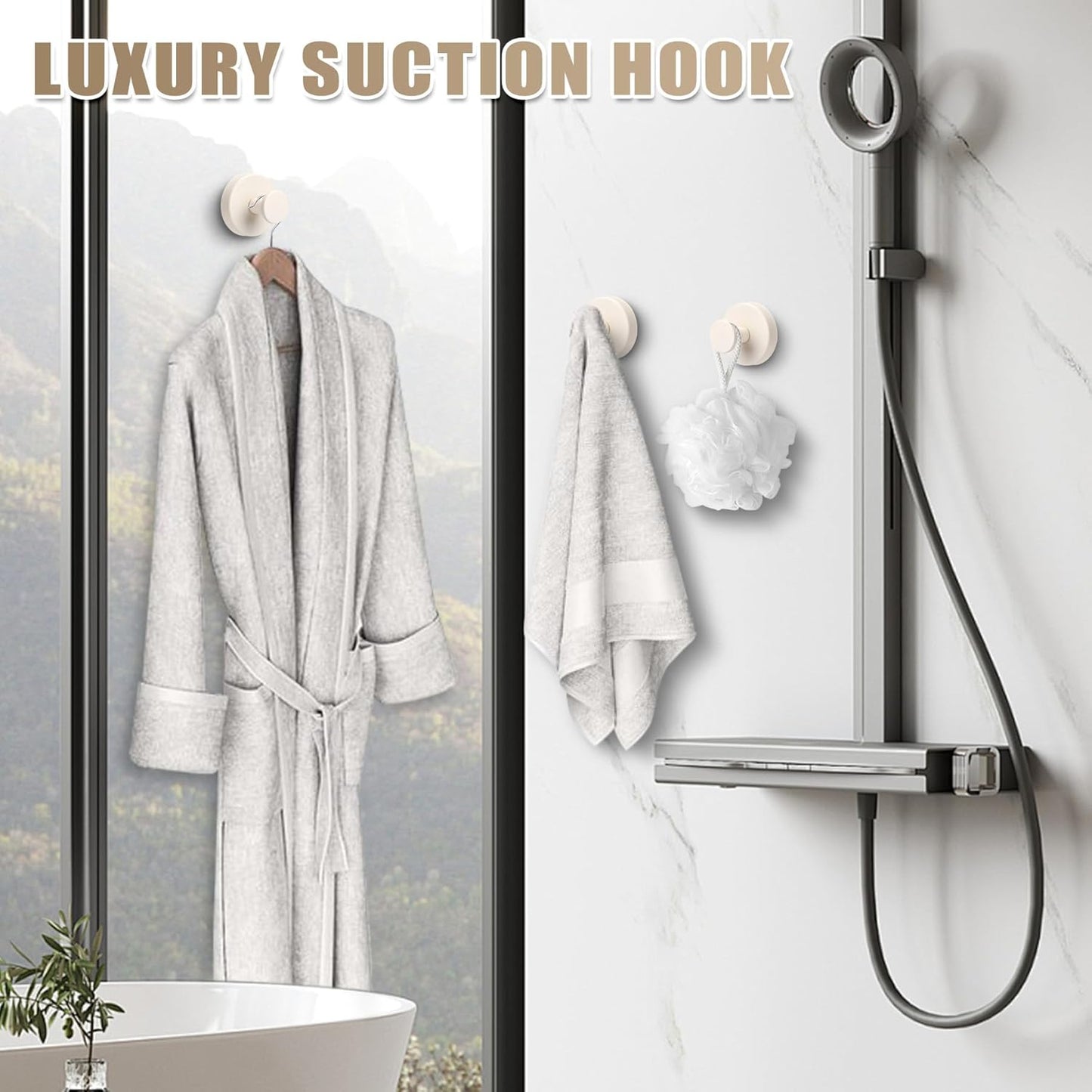 Suction Cup Hooks for Shower No-Drill Bathroom Hooks for Towels, Robes, Loofah Mountable on Bathroom Walls, Kitchen, Glass, Mirrors, Tile and Smooth,Non-Porous Surfaces (2, Milk White)
