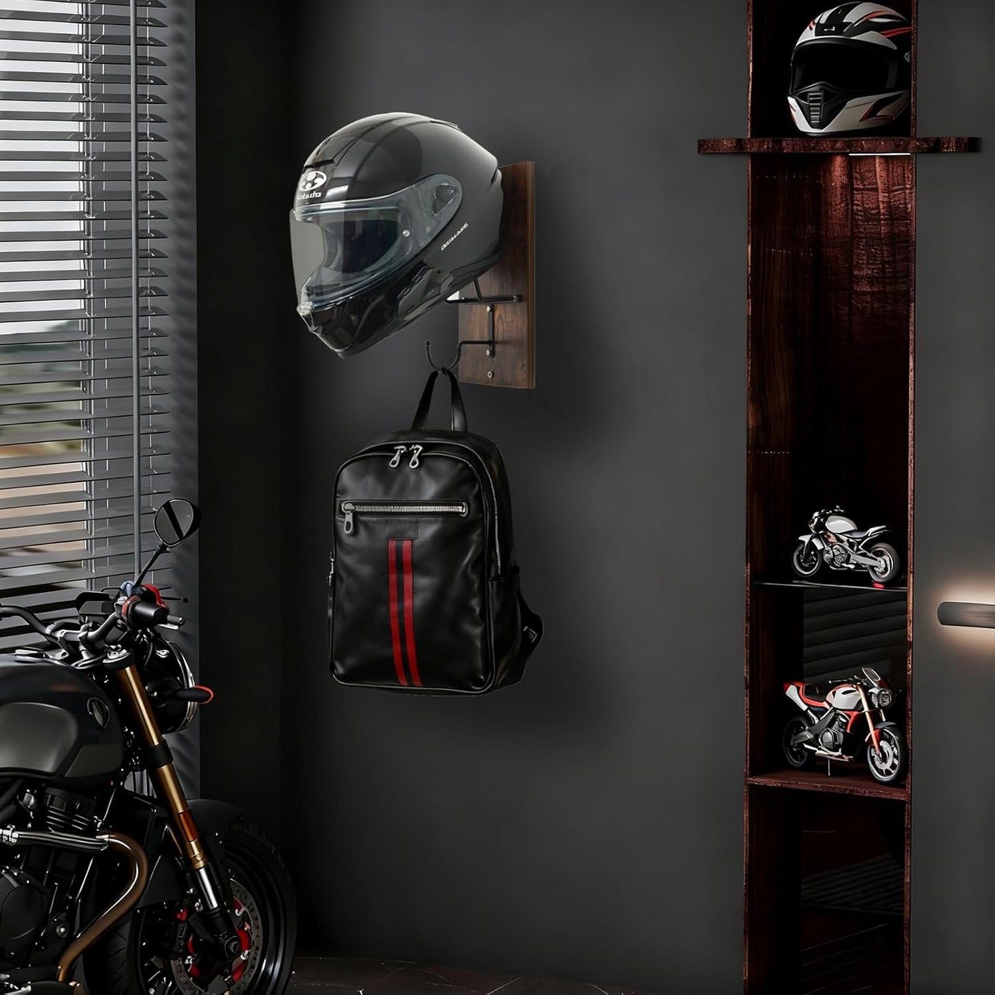 Wooden Motorcycle Helmet Holder, Wall Mount Helmet Rack with Metal Hook, Motorcycle Helmet Hanger Easy Storage for Helmets, Caps, Sportswear, Hats, Coats & Motorcycle Gear