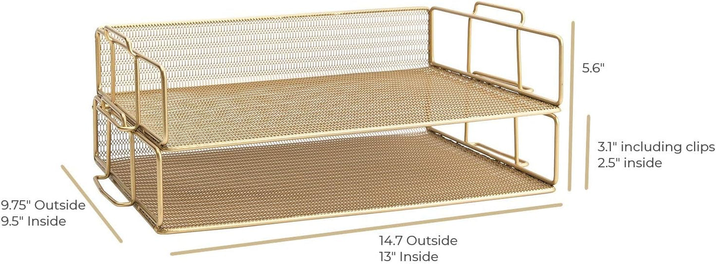 BLU MONACO Gold Mesh Paper Tray – Set of 2 Stackable Letter Trays – Durable Metal Desk Organizer for Home, Office & School – Stylish Document Holder, File Storage, and Workspace Organizer
