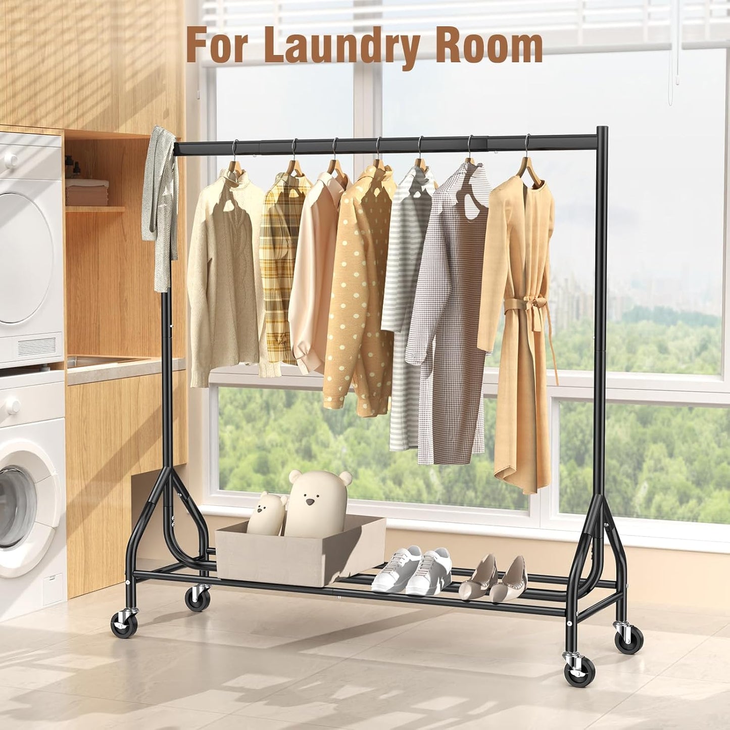 EAGMAK Heavy Duty Clothes Rack Load 420 LBS, Rolling Garment Rack with Lockable Wheels, Standing Metal Clothing Rack, Portable Wardrobe Sturdy Coat Rack for Hanging Clothes (Black, 59″×18.9″×63″)