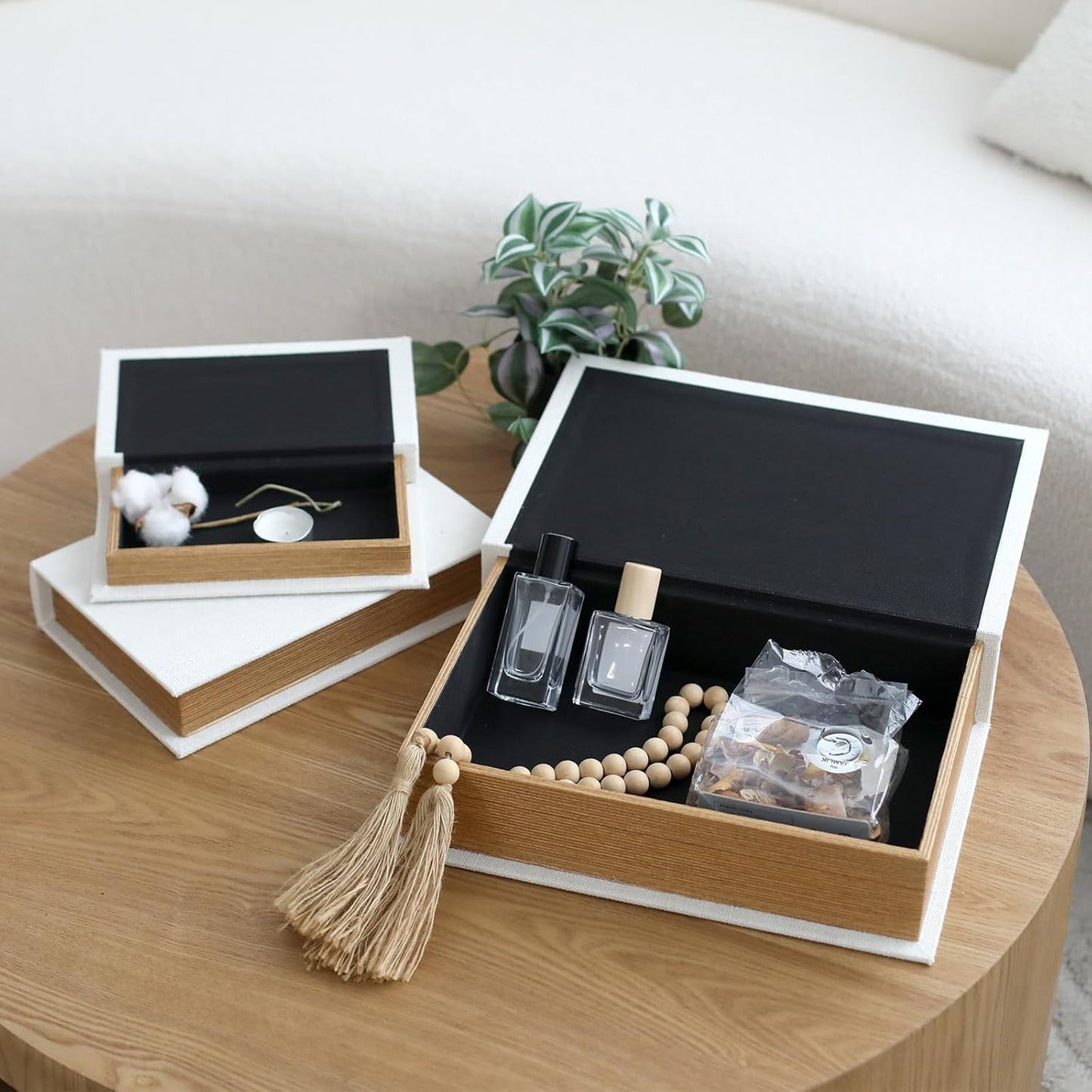 Modern Linen and Wood Decorative Faux Book Boxes Set of 3-13",10",8" - White