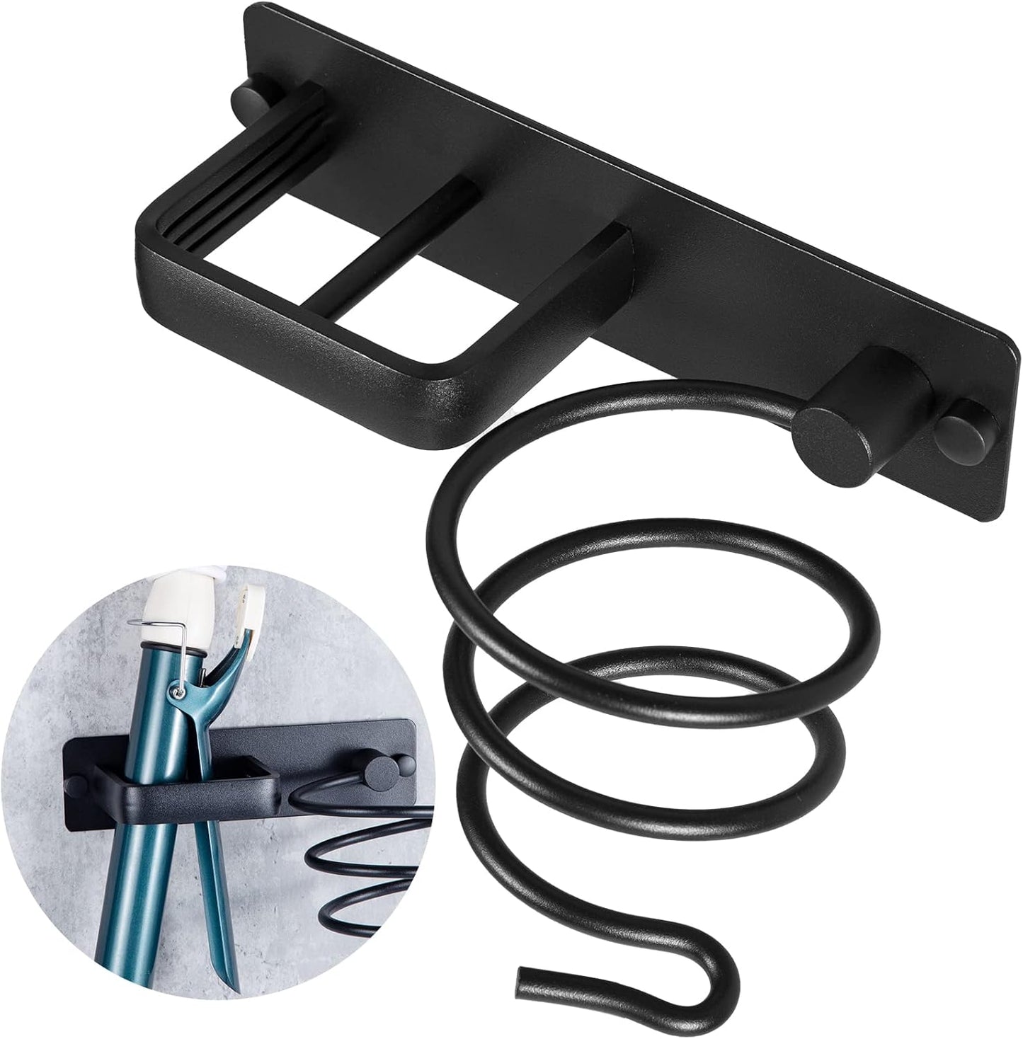 YUET Hair Dryer Holder Hairdryer Station Wall Mounted Spiral Shelf Bracket Stand Hanger Straightener Organizer Blow Storage with Holes Rack for Bathroom Aluminum Professional (Black)