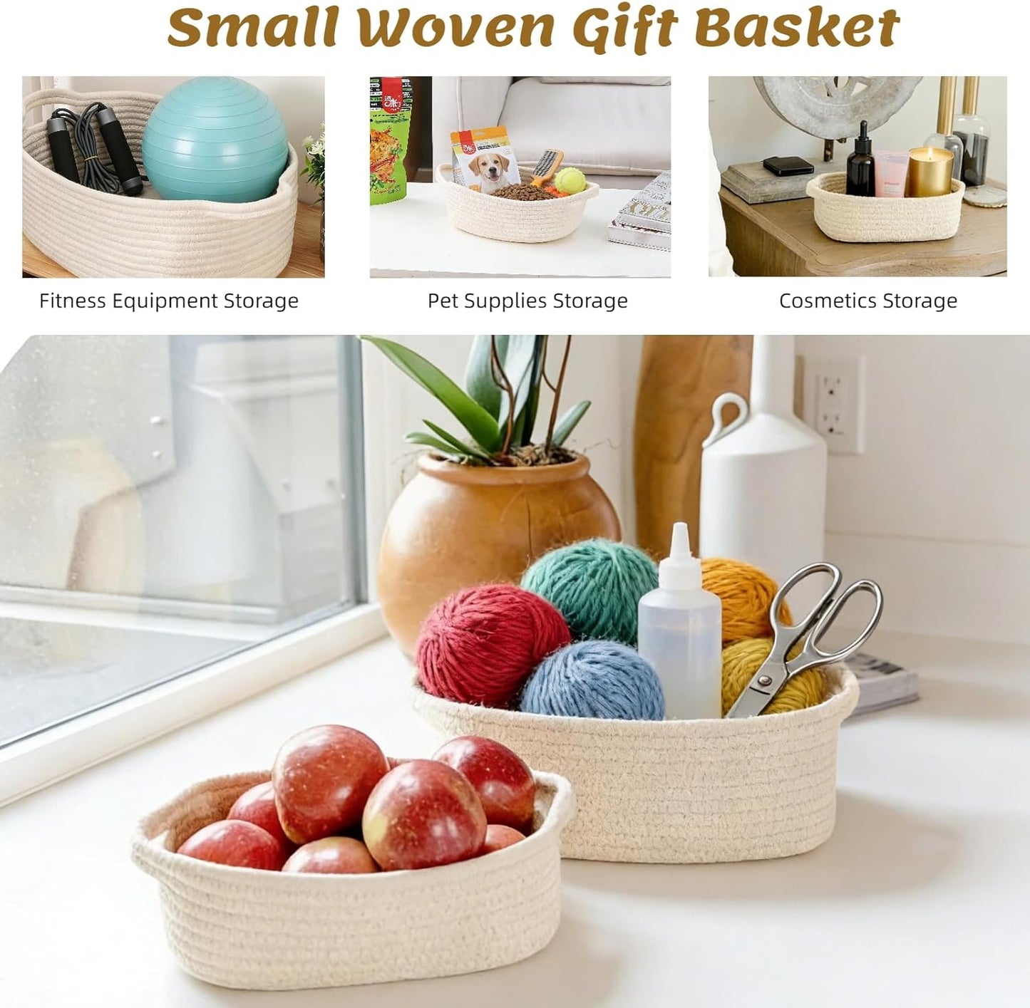 9Pcs Small Woven Basket with Gift Bags and Ribbons, White Cute Cotton Rope Empty Gift Decorative Chest Box, for Baby Nursery Room Shelf Storage, Toy Pet Organizer Basket to Fill, All 12 x 8 x 5 "
