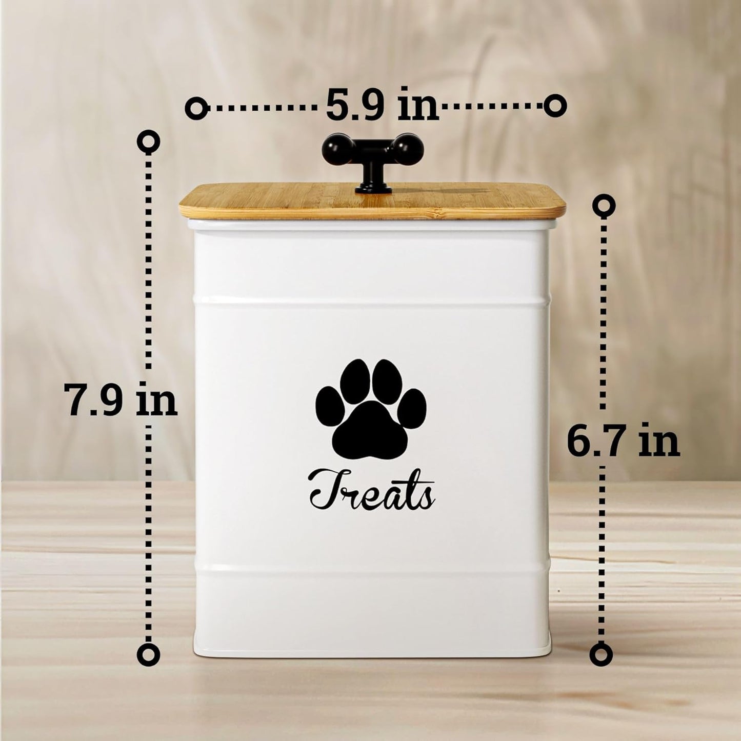 Dog Treat Container Airtight - 6 Inch Wide x 8 Inch Tall Iron Dog Treat Jar for Kitchen Counter with Airtight Bamboo Lid - 12 Cup Capacity Pet Treat Container - Doggie Cookie Jar - Big Treats Canister