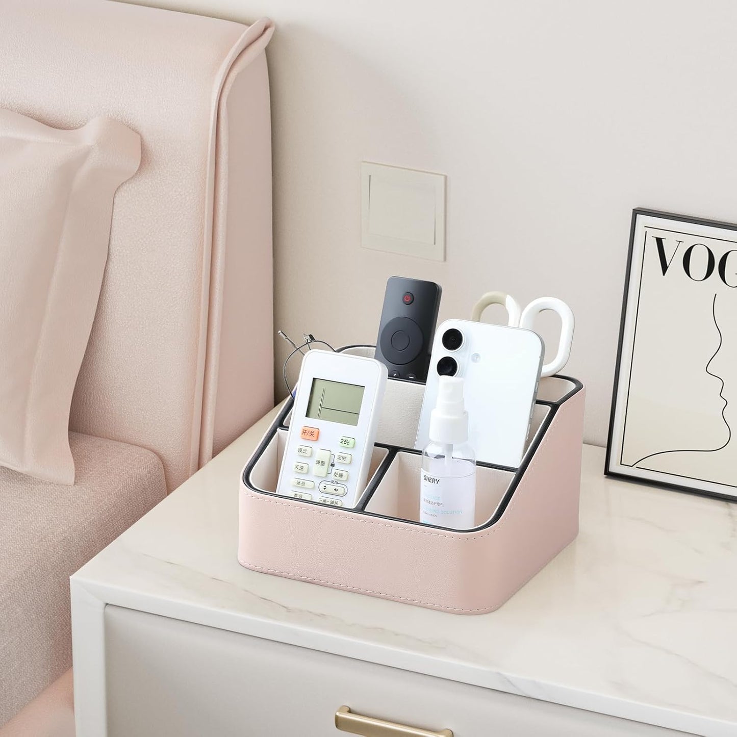 Remote Control Holder, PU Leather Small Desk Organizer with 4 Compartments, Nightstand Organizer Desk Caddy for Remote, Notepad, Phone, Glasses, and Accessories (Pink)