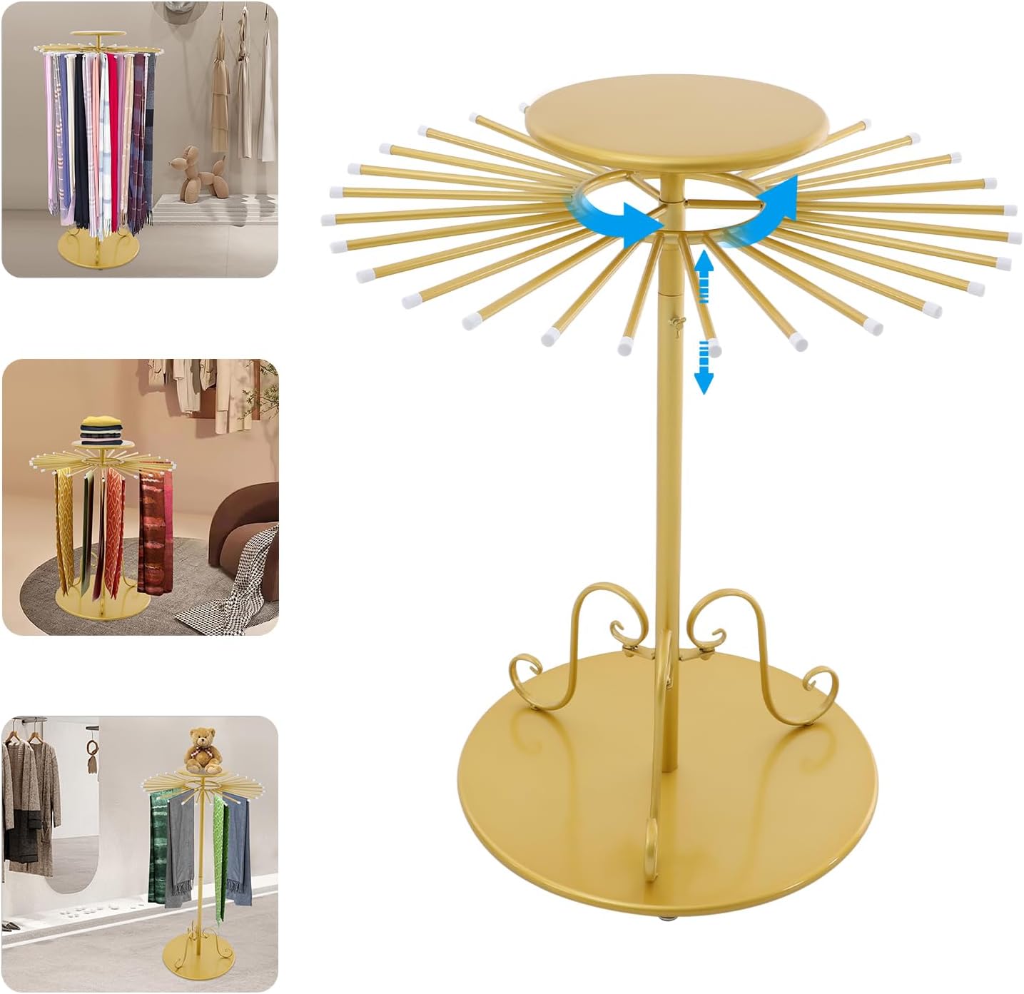 52.8in-Gold Retail Display Tie Scarf Rack, Belt Hanger Tie Rack, 360° Rotation Adjustable Height, Belt Display Scarf Stand Shawls Shelf, Organizer Holder for Clothing Store Retail, Bedroom