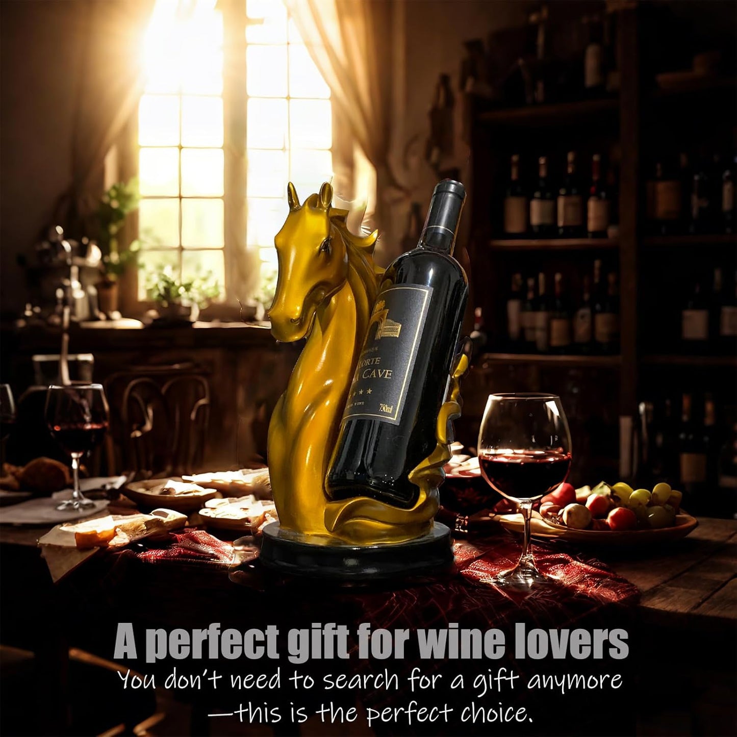 Wine Bottle Holder Wine Racks Tabletop Horse Statue as Home Kitchen Wine Cellar Decorative Storage Organizer, Horse Sculpture Horse Decor Horse Gifts for Girls Men Women (Gold)