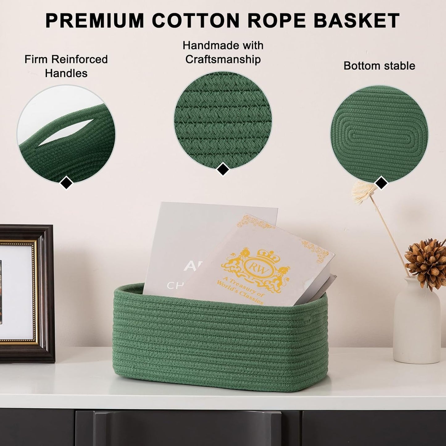4 Pack Small Storage Shelf Baskets for Organizing, Mini Woven Rope Storage Bins for Towels, Cute Decorative Closet Organizer,Baby Nursery, Gift Empty Baskets -11.81''Lx7.87''Wx4.72''H-Green