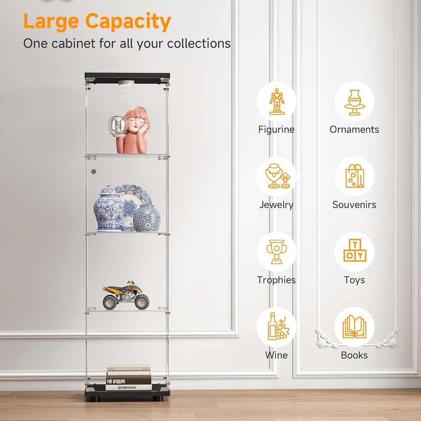 Tempered Glass Display Cabinet with Lights, 4-Tier Curio Cabinet with Glass Doors and Lock, Glass Display Case for Collectibles, for Living Room, Bedroom, Office, Black, Single Door