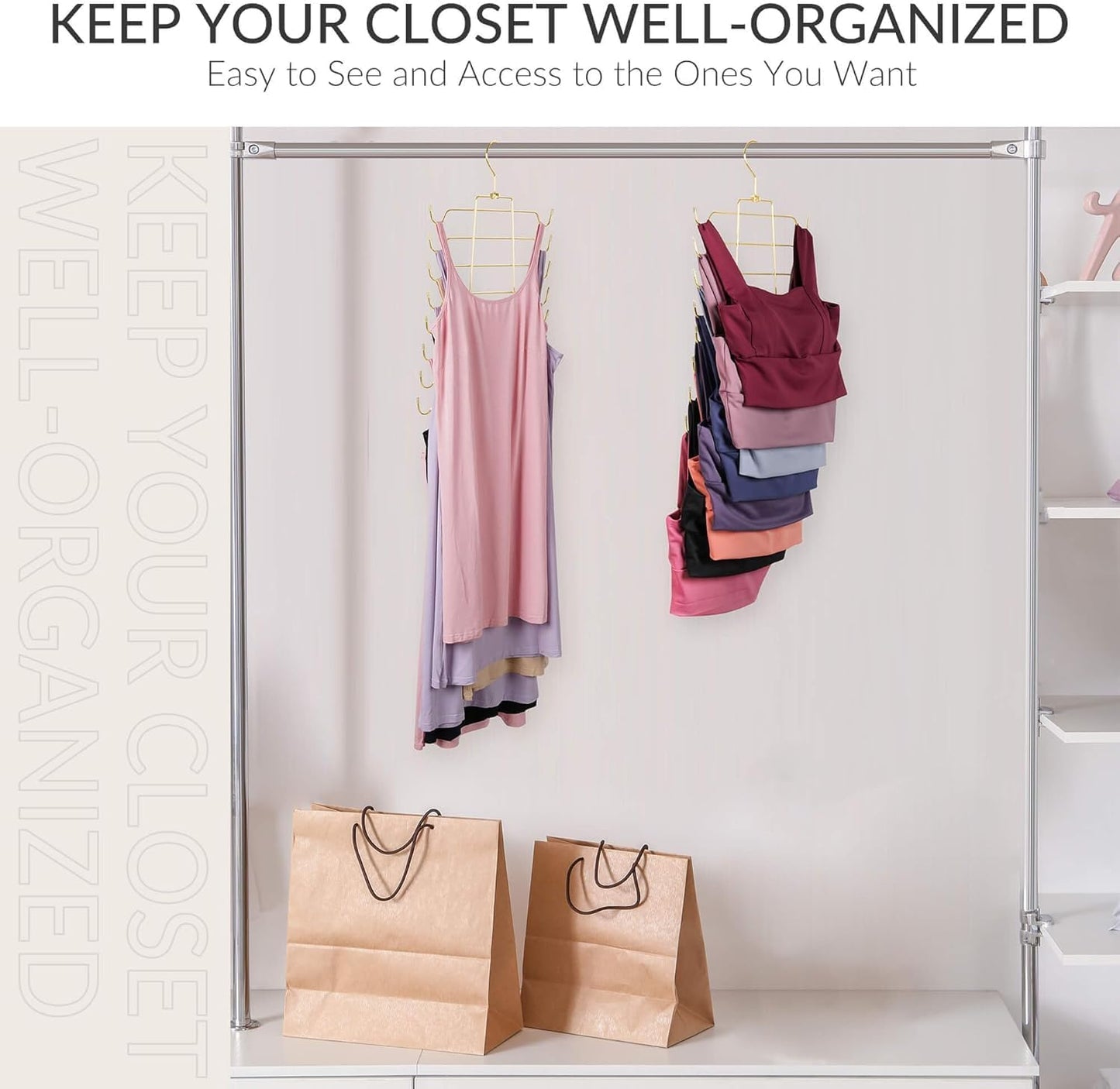 ZEDODIER 3 Pack Tank Top Hanger Space Saving, Bra Hangers for Closet Organizer, Hanging Bra Organizer Tank Tops Holder with 24 Hooks, Metal Closet Organizers and Storage Small Space Solutions, Gold