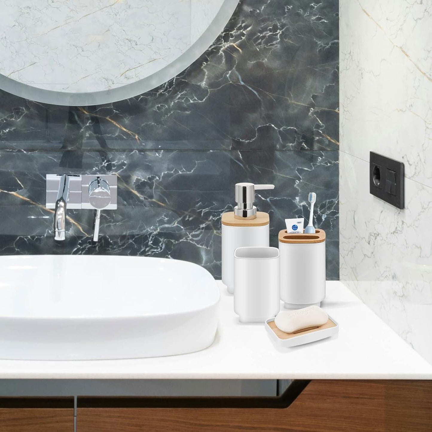 IMAVO Bathroom Accessories Set,White Bathroom Set,11 Pieces Bathroom Accessory Set,Trash Can for Bathroom Accessories Décor and Housewarming Gifts