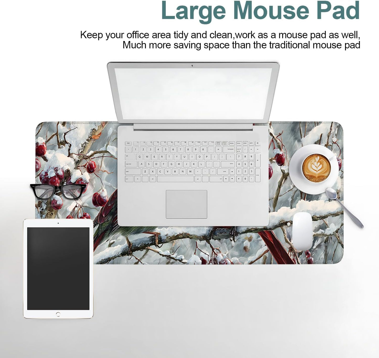 Winter Cardinal Bird Gaming Mouse Pad 31.5"x11.8"Desk Mat Anti-Slip Rubber Base & Durable Stitched Edges for Gamers Smooth Mouse Writing Surface for Desk Office/Home