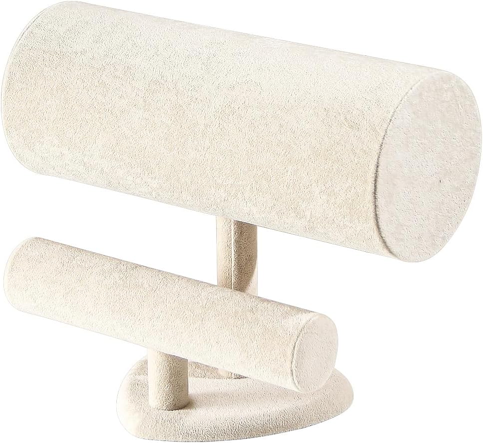 Coward Multi-use Headband Holder Stand, Scrunchie Hairband Organize Rack, Two Layer Bracelet Jewelry Display Holder Stand for Women Girls (Ice Beige velvet)
