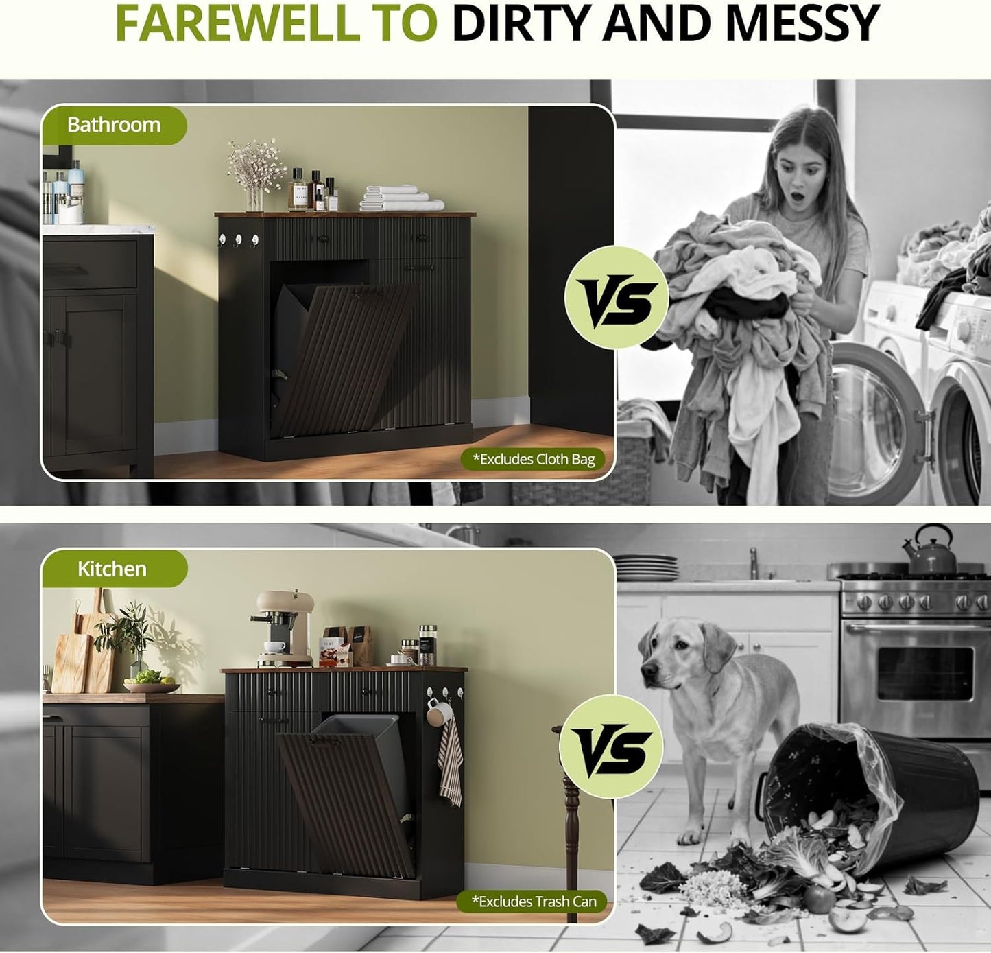 Double Tilt Out Trash Can Cabinet, 20 Gallon Fluted Laundry Hamper Cabinet with 2 Drawers, Wooden Hidden Garbage Can Cabinets for Kitchen, Living Room, Without Trash Bin or Laundry Hamper,Black
