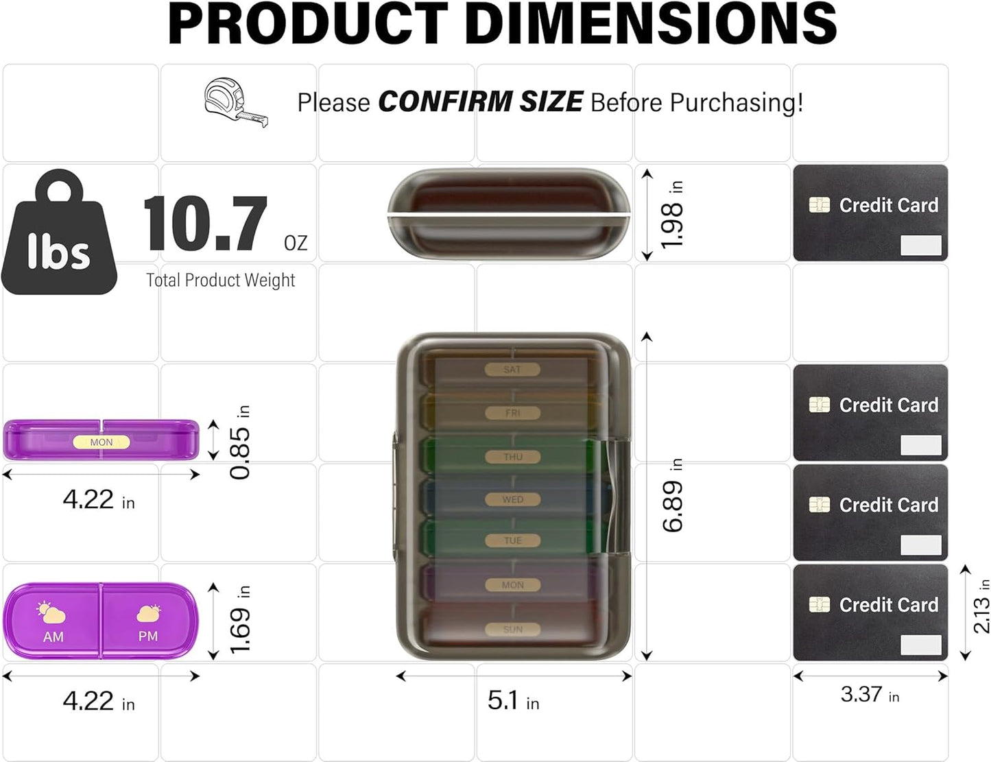Weekly Pill Organizer 2 Times a Day, 7 Day Pill Box 2 Times, Portable for Travel Pill Case for Pills/Vitamin/Fish Oil/Medication/Supplements (2x7 Black+Rainbow)