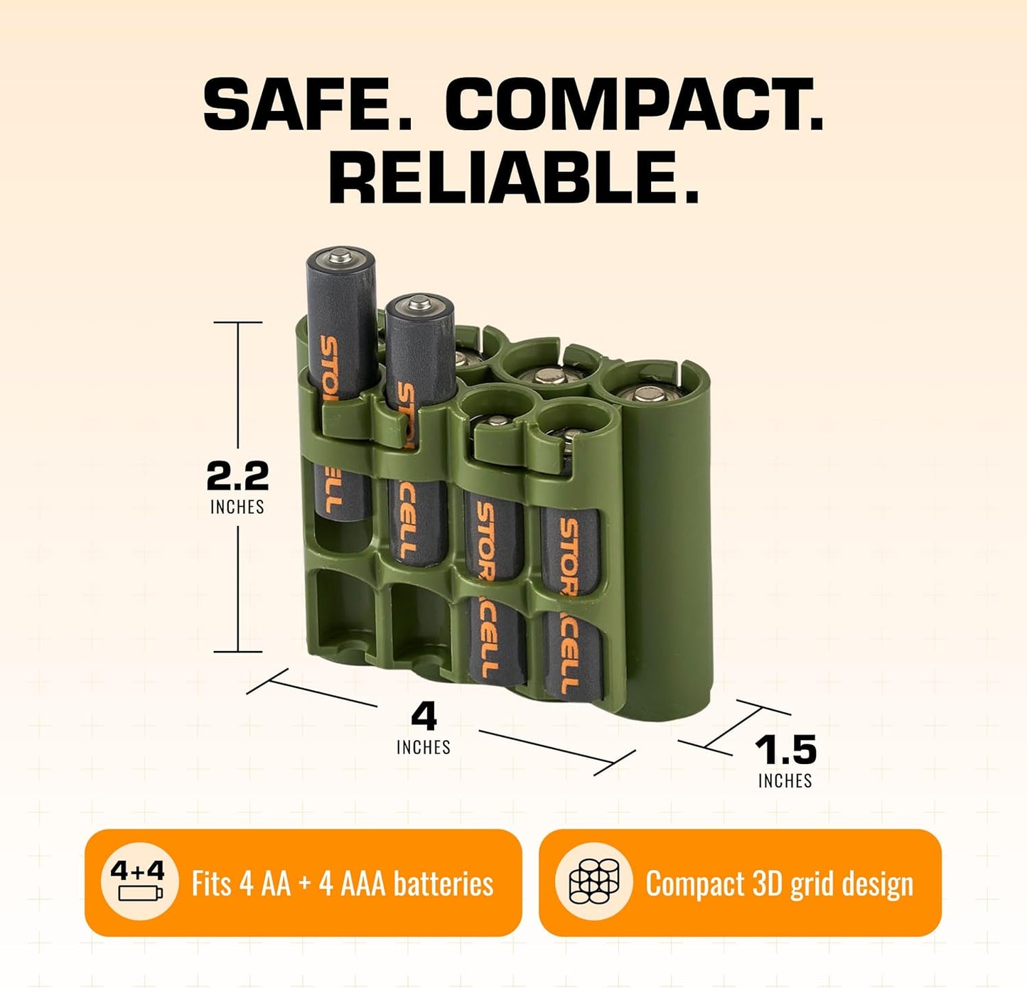 Storacell AA + AAA Combo Battery Storage Caddy and Dispenser, Military Green, Holds 4 AA + 4 AAA Batteries (Not Included), Durable & Compact Design, The Original Battery Caddy, Made in The USA