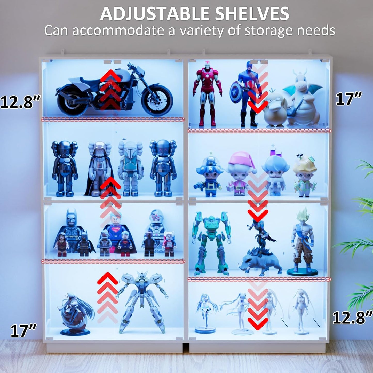 Display Cabinet with Glass Doors 4 Tier Glass Display Case with RGB LED Lights Display Cases for Collectibles Adjustable Shelves Display Case, for Game Room, Living Room, Bedroom, White