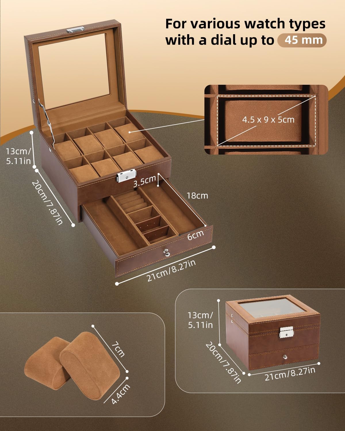 Uten 8-Slot Watch Box, 2-Layers PU Leather Watch Case with Glass Lid, Watch Holder Organizer with Soft Pillow and Velvet Lining, Watch and Jewelry Storage Box, Brown