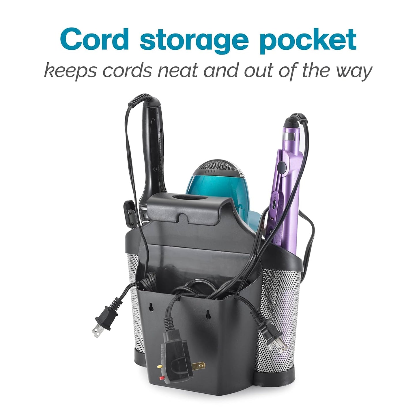 Polder Style Station, Organization for Styling Tools: Hair Dryers,Curling Irons, Straighteners, Brushes, Hang Over Towel Rack, Store Undersink or in Drawer, Black and Silver