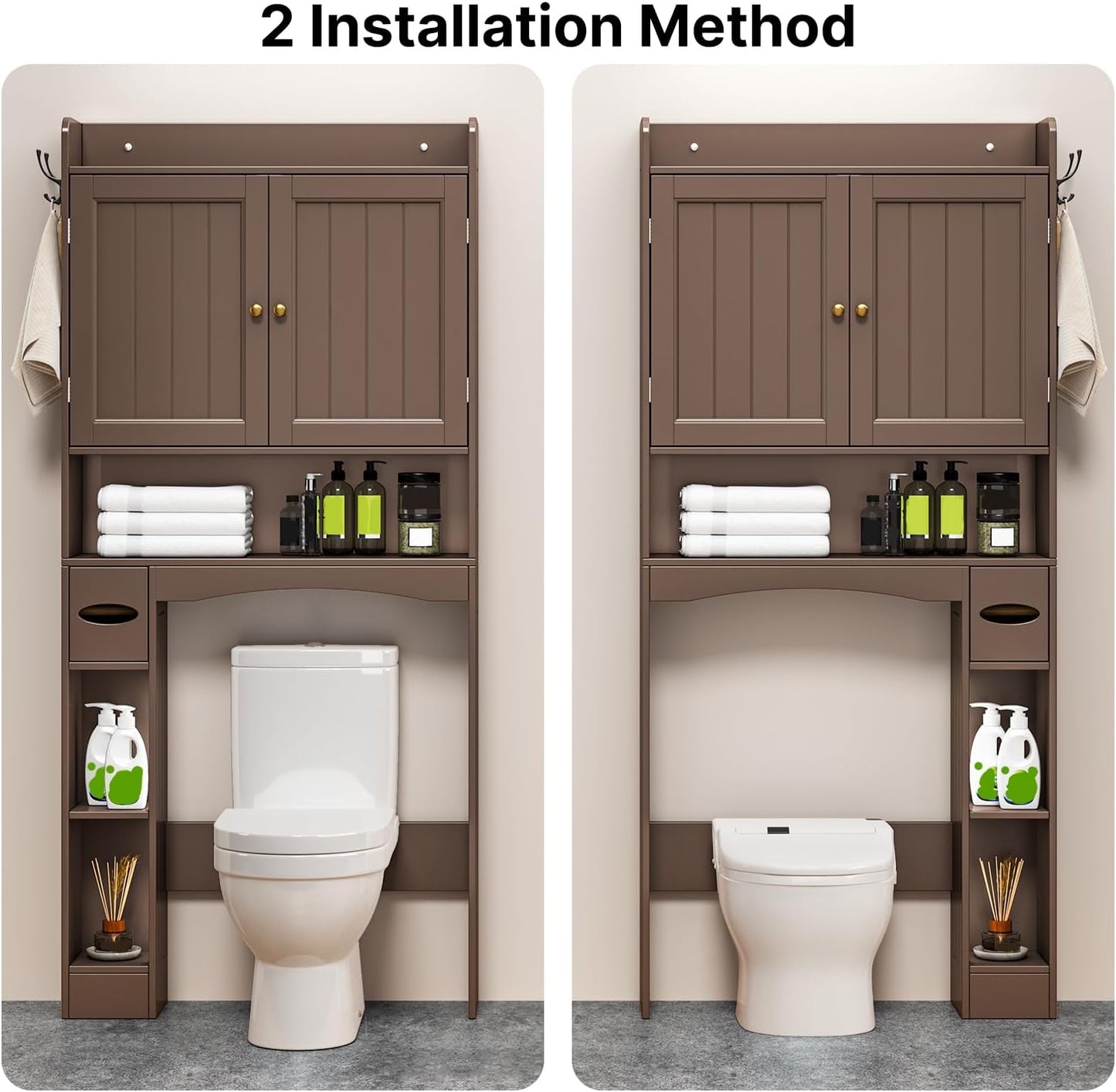 Ahomly Over The Toilet Storage Cabinet, 32.3" W Over Toilet Bathroom Organizer with Doors, Adjustable Shelves, Toilet Paper Holder, 2 Side Hooks, Space-Saver for Bathroom, Laundry, Espresso