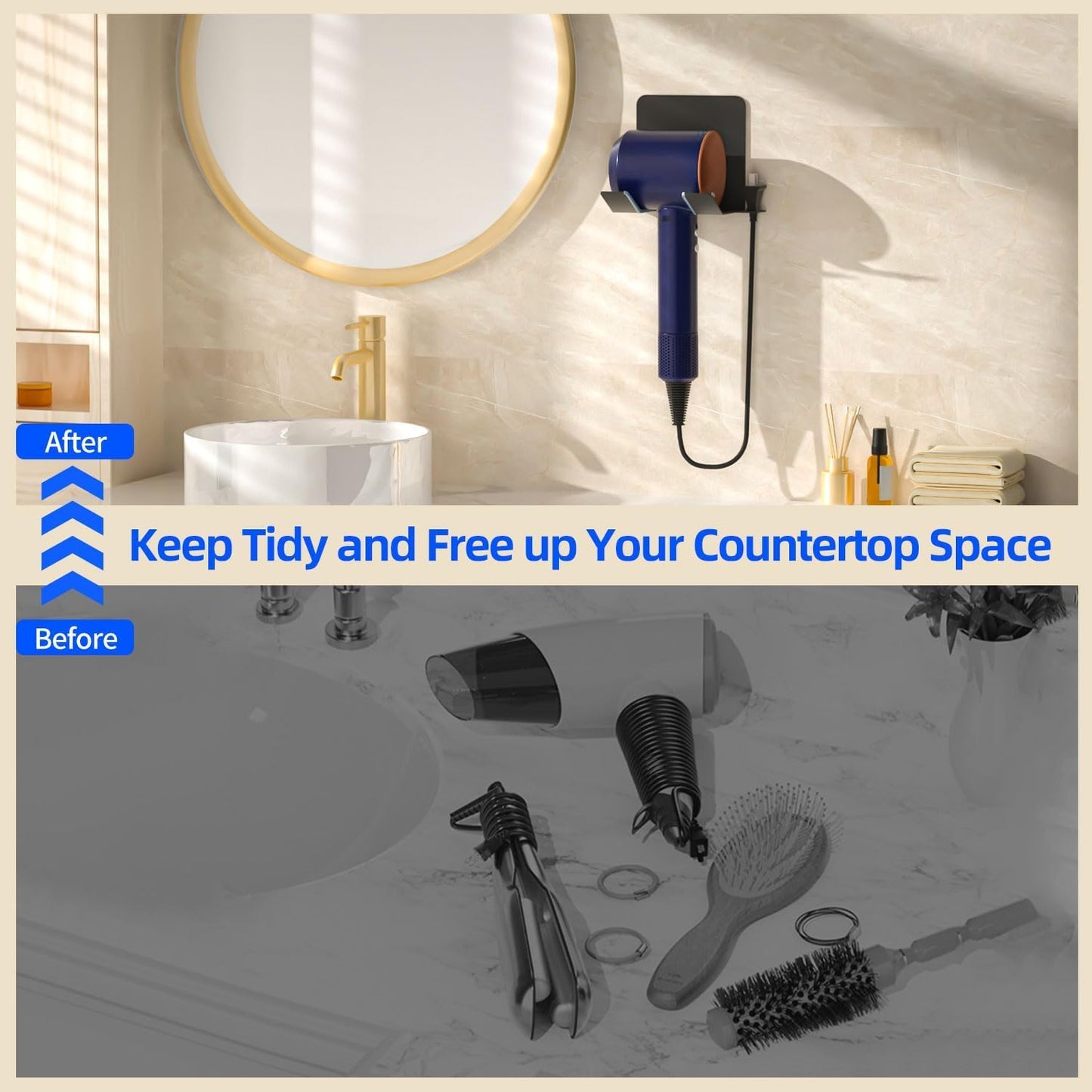 Hair Dryer Holder, Blow Dryer Holder Wall Mounted Hair Tool Organizer Self Adhesive Hair Dryer Holder Wall Mount, Compatible for Dyson Hair Dryer Holder for Bathroom Black PTALSEAW